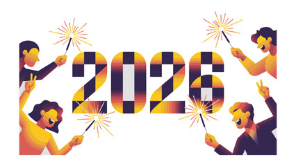 Celebration of New Year 2026:  Enthusiastic individuals holding sparkling wands gather around the year 2026, radiating happiness, joy, and anticipation of a hopeful new beginning.