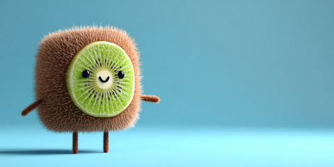 Cute fruit character made from kiwi with fuzzy brown exterior and cheerful expression, standing against blue background