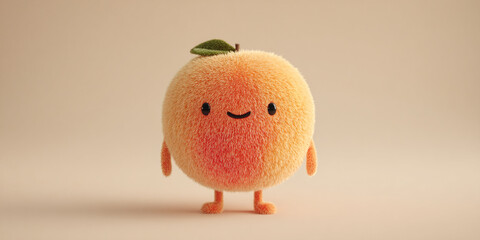 Cute fruit character made from peach, featuring soft fuzz and cheerful expression, perfect for playful designs