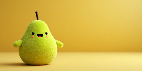 Cute pear character with happy expression, made from soft textures, bright green color, and cheerful design