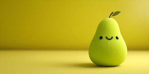 Cute green pear character with smiling face, set against bright yellow background, evokes joy and playfulness