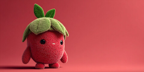Cute plush toy resembling strawberry with green leaf hat, standing against pink background, evoking playful and cheerful vibe