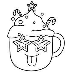 christmas Cute cartoon mug with whipped cream and candy canes, wearing star glasses.