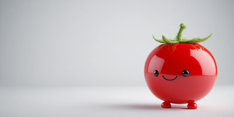 Cute tomato character with smiling face and green stem, showcasing playful and cheerful design