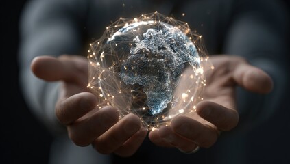 A person holds a digital representation of Earth