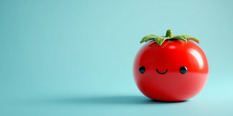 Cute tomato character with smiling face and green leaves, set against light blue background, evokes joy and playfulness