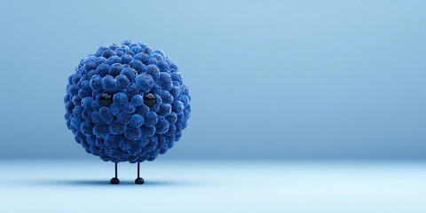 Cute blueberry character with round shape, small legs, and big eyes, set against light blue background