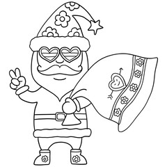 christmas Playful Santa character with glasses and a festive bag.