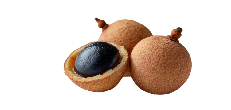 A group of ripe, brown, textured tropical fruits. One is cut open