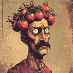 Illustration of man with crown of tomatoes, featuring exaggerated facial features and serious expression, evokes whimsical yet