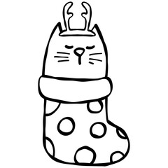 christmas Cartoon cat in a festive stocking with antlers and polka dots.