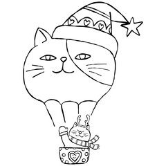 christmas Festive cat in a hot air balloon with Christmas elements.