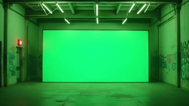 Empty warehouse interior with green screen backdrop for studio film production