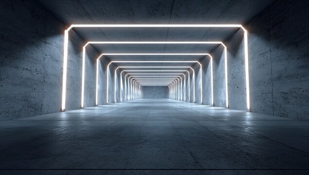 Futuristic concrete tunnel illuminated by glowing light