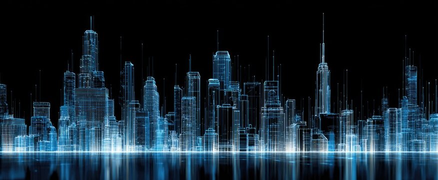 Futuristic cityscape, digital architecture, light trails reflecting on water