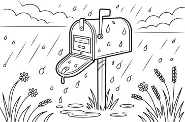 Rainy Mailbox Line Art | Raindrops, Wet Landscape & Nature Outline Scene