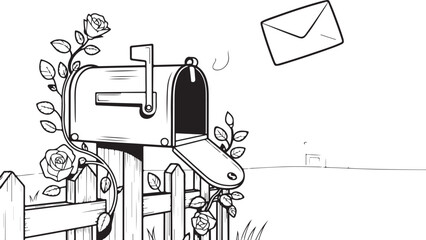 Countryside Mailbox Line Art | Floral Fence, Letters & Peaceful Rural Scene