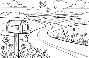 Countryside Road & Mailbox Line Art | Peaceful Rural Landscape Illustration