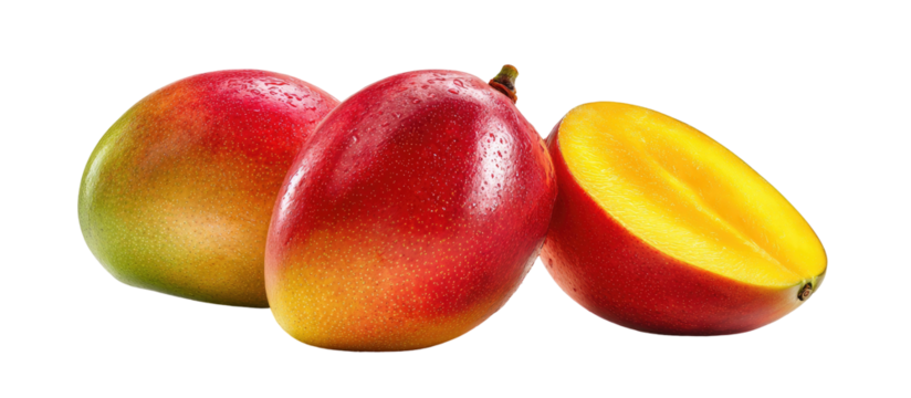 Vibrant whole and halved ripe mangoes with bright yellow flesh
