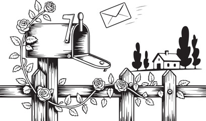 Countryside Mailbox Line Art | Floral Fence, Letters & Peaceful Rural Scene