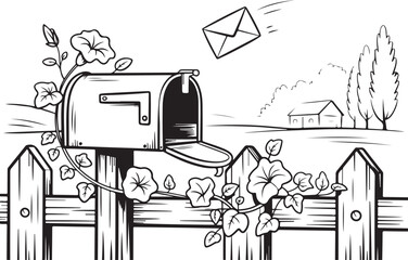 Countryside Mailbox Line Art | Floral Fence, Letters & Peaceful Rural Scene
