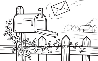 Countryside Mailbox Line Art | Floral Fence, Letters & Peaceful Rural Scene
