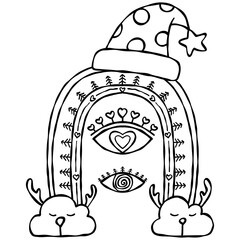 boho christmas cartoon rainbow design with whimsical elements and festive hat.