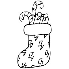 christmas cartoon Christmas stocking filled with candy canes and a gift.