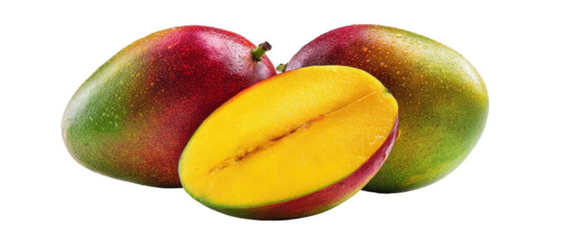 Vibrant mangoes, one halved, reveal bright golden flesh and rich colors