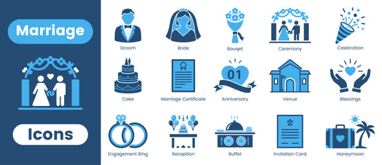 Wedding & Marriage Vector Icons Set – Bride, Groom, Rings, Cake, Ceremony & Celebration Graphics