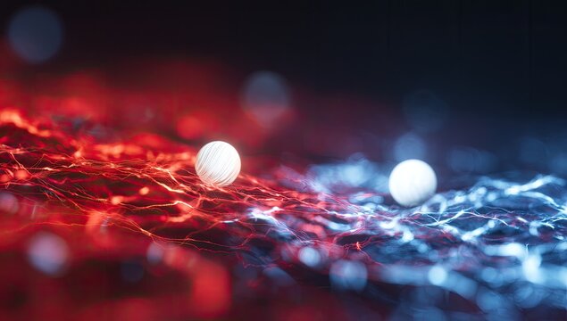 Abstract glowing spheres on a vibrant red and blue surface