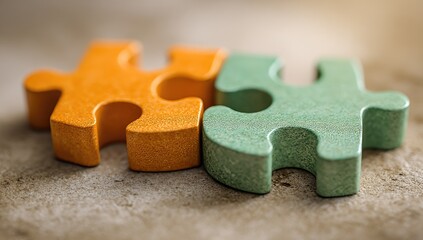 Two puzzle pieces, orange and green, lying on a textured surface