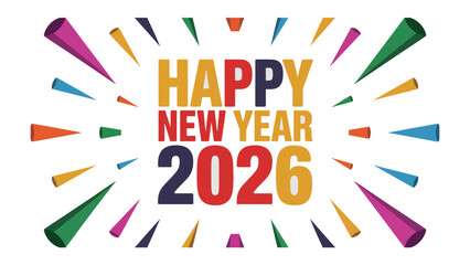 New Year 2026 Celebration: A vibrant and colorful design wishing viewers a Happy New Year, with the year 2026 boldly displayed, surrounded by dynamic celebratory elements.