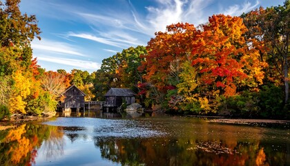 Obraz premium Autumn scenery depicts colorful trees reflecting in a tranquil lake with old wooden buildings partially submerged. The sky is blue with streaky clouds