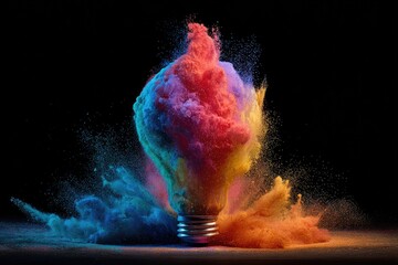 A vibrant lightbulb exploding in a colorful powder explosion