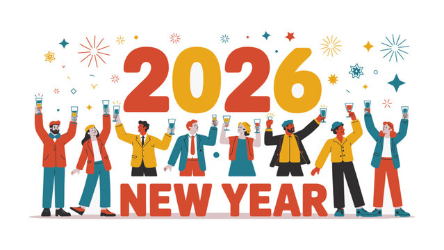 Cheers to the Future: a joyful celebration with fireworks and raised glasses to welcome the new year of 2026. This festive graphic symbolizes togetherness and new beginnings