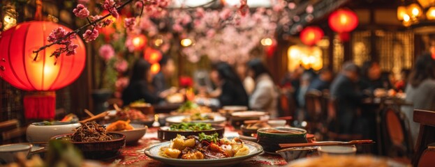 Dining table filled with Chinese New Year dishes under lanterns and blossoms