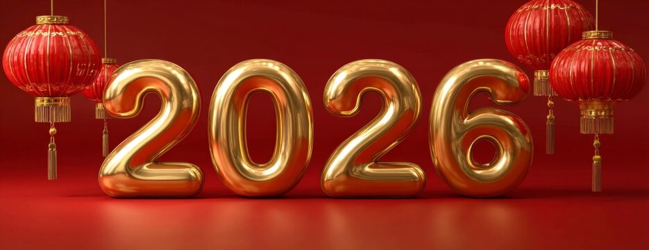2026 gold numbers with red Chinese lanterns on red background for Lunar New Year celebration  