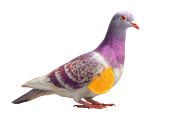 A pigeon with a slice of orange incorporated into its side
