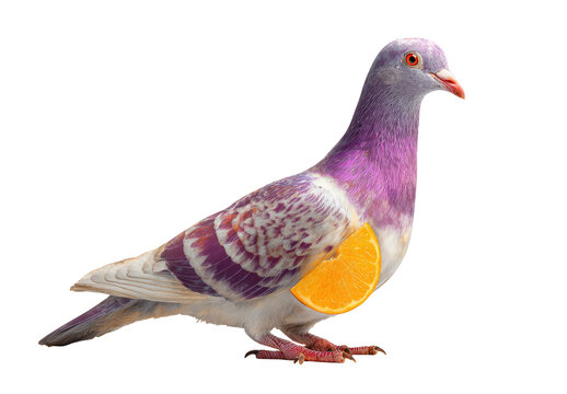 A pigeon with a slice of orange incorporated into its side