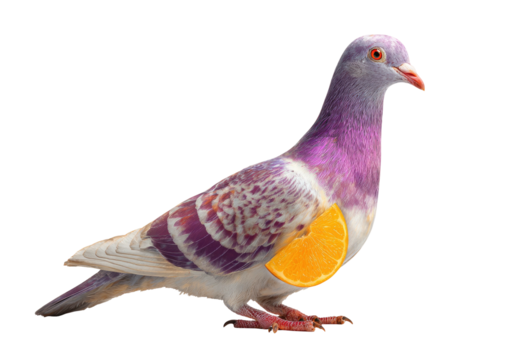 A pigeon with a slice of orange incorporated into its side