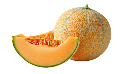 A whole cantaloupe melon with a slice revealing the seeds