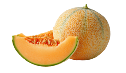 A whole cantaloupe melon with a slice revealing the seeds