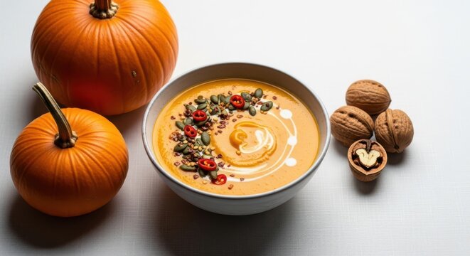 Creamy pumpkin soup with walnuts and autumn spices served in a bowl - Powered by Adobe