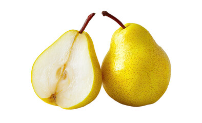 Two juicy pears, one whole and one halved, isolated on black
