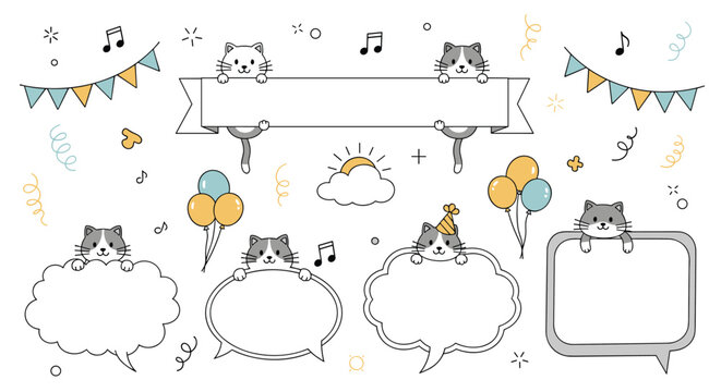 Adorable set of cute gray and white cartoon cats with blank banners, speech bubbles, and party decorations for announcements or greetings. - Powered by Adobe