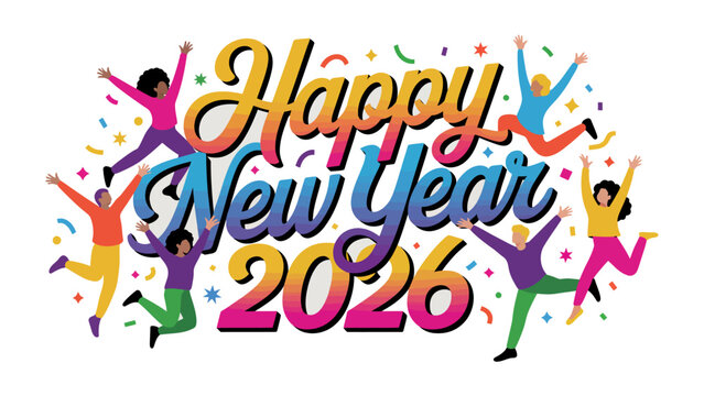 New Year Celebration: A vibrant and colorful illustration of the upcoming New Year, with figures jumping in celebration, confetti, and the year boldly displayed.
