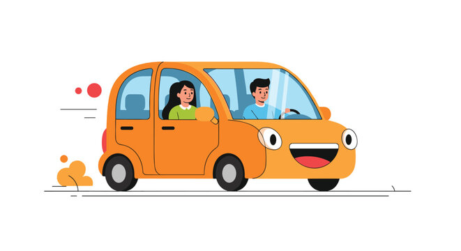 Happy young couple driving a cute and cheerful orange cartoon car with a smiling face, representing a fun journey or test drive.