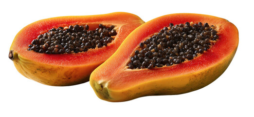 Ripe papaya halves with black seeds exposed