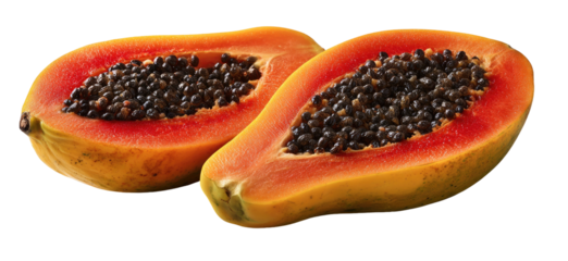 Ripe papaya halves with black seeds exposed